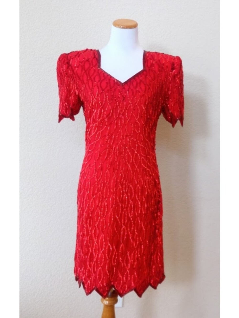 Lawrence Kazar vintage silk stunning red dress with intricate sequin detatiling